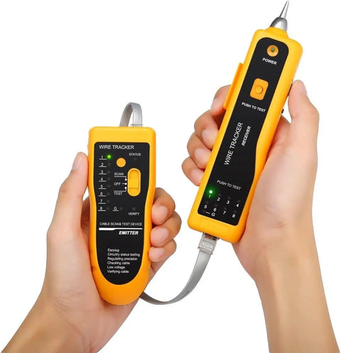 Hands holding wire tracker tool from Pass Through RJ45 Crimp Tool Kit For Network Installations With Wire Tracker 110 88 Punchdown Tool Cat6 Cat5e Cat5 Crimping Tool And Wire Stripper In Sturdy Carrying Case