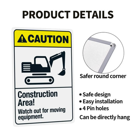Construction Site Warning Sign 8x12 Aluminum Metal Wall Sign Custom Notice For Watch Moving Equipment Safety Caution Sign close-up