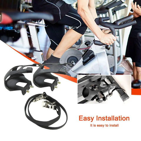 1 Pair Bike Pedals With Toe Clip And Strap For Indoor Outdoor Cycling, black pedals with adjustable nylon straps shown