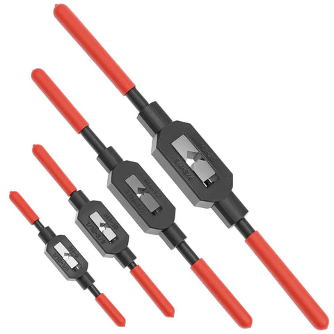 Adjustable Tap Wrench Set Four Pack Ratcheting Tap Handles with red handles, black oxide carbon steel, 1/16 to 3/4 inch sizes.