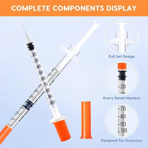 120 Pack U-100 Disposable Syringes, 30 Gauge 5/16 Inch 1ml Each, Individually Wrapped for Lab and Medical Use, Clear Barrel With Precise Markings for Accurate Dosing, Ideal for Research and General Purpose; clear U-100 syringe detail