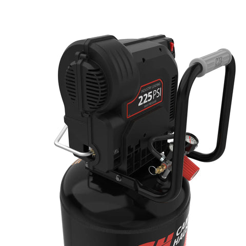 Close-up of the Campbell Hausfeld C151CH 15 Gallon Vertical Air Compressor with 225 PSI capacity and pressure gauge.