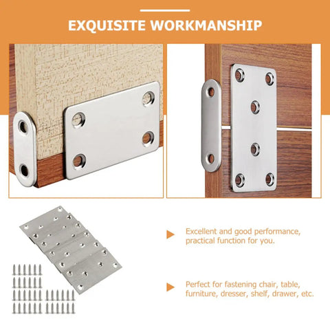 10 Pc Flat Corner Brace Plates For Furniture With Screws, Stainless Steel Mending Plates attached to wood, easy install