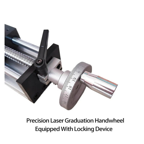 Close-up of handwheel on woodworking ball screw linear guide motion rail slide for CNC machines and engraving tools 600mm manual shaft