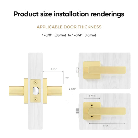 Installation renderings of Gold Door Knob Set 5 Pack With Sleek Boss Look Corner Design Keyless Passage Handles Locking Function.