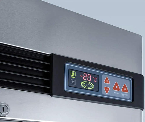 Digital thermostat interface on Beefy Frost Free Upright All Freezer with stainless steel panel for chill control.
