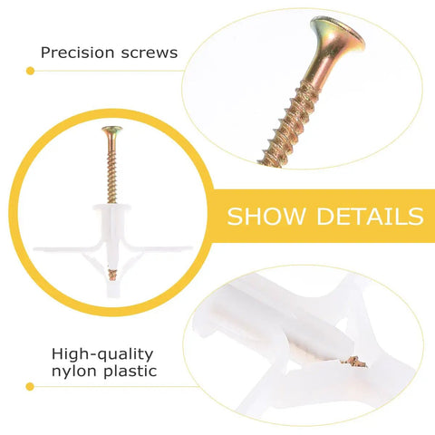 Close-up of DIY Drywall Anchor Kit With Nylon Expansion Screws M8x38 Aircraft Type Self Tapping shown in detail.