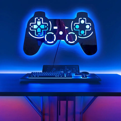 Gamer Neon Sign With 7 Color Changing Mirror LED Backlight Design Luminous Wall Sign For Game Room Decor showing in blue hue