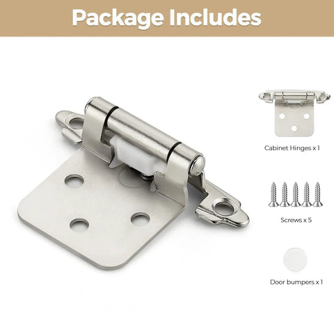 Real Solid Brushed Nickel Cabinet Hinges 30 Pack 15 Pair Heavy Duty Kitchen Hardware showing single hinge with screws and bumper.