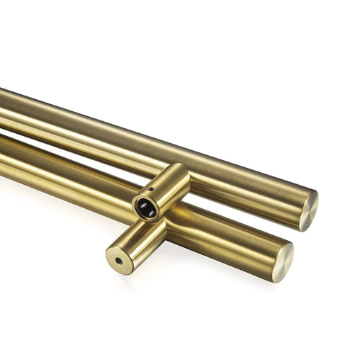 18 Inch Solid Stainless Steel Door Pull Handle Satin Gold Finish Built To Last Heavy Duty Commercial Grade 304 Stainless Barn Glass Pull Chamfered Edges For Safe Easy Opening, angled view