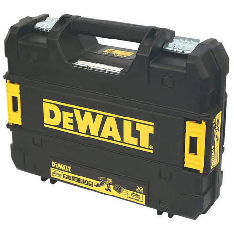 Heavy Duty 18V Cordless Hammer Drill Brushless Motor Kit With Two 3.0 Ah Lithium Ion Batteries And Compact Design storage case with black and yellow design.