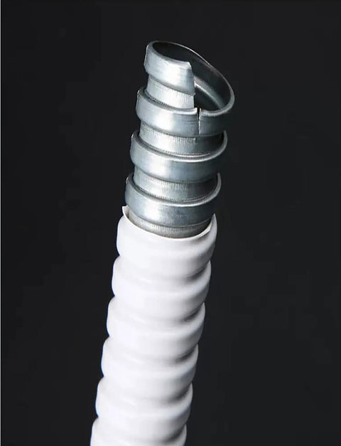 Close-up of Heavy Duty PVC Coated Flexible Metal Conduit Tough As Nails Corrugated Electrical Wire Hose with galvanized core.