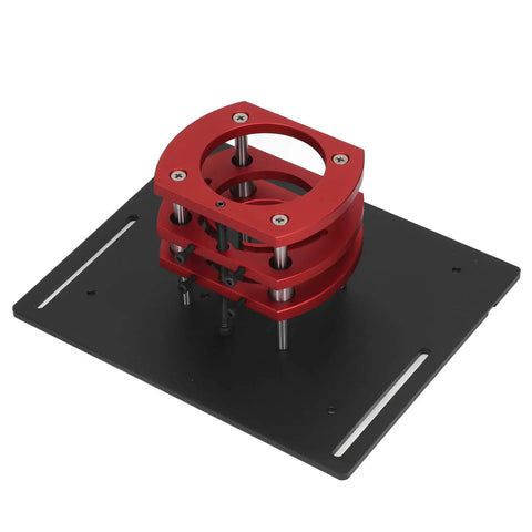 Premium Custom DIY Router Table Featuring Manual Lifting System And Hella Sturdy Stainless Steel Base Plate For Knockout Woodworking Precision, red adjustment mount on black plate.