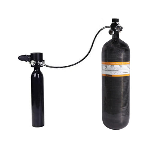 High Pressure Fill Station 4500 PSI with Dual Gauge and 20 Inch Hose connected to scuba DIN tank adapter M18 x 1.5 thread.
