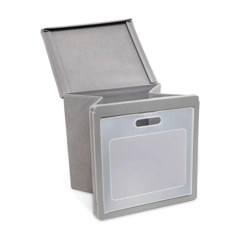 Versatile Grey Stackable Fabric Shoe Storage Bins For Closets And Entryways space-saving modular shoe rack organizer open with lid.