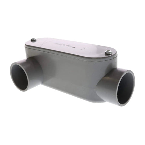 Rock Solid Non Metallic Pvc Type Lr Conduit Body 1 Inch, gray junction box for electrical installations, corrosion resistant.