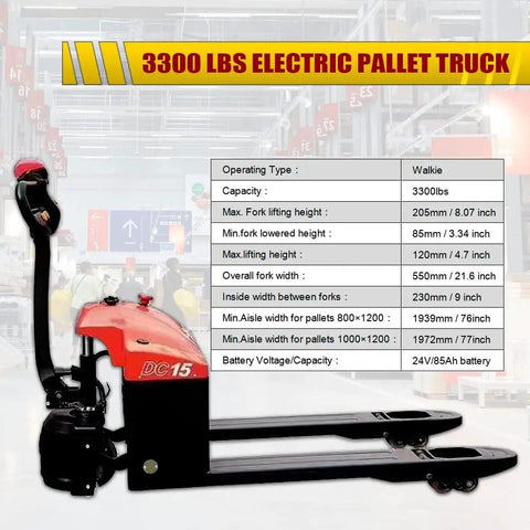 Semi Electric Pallet Jack With 3300 Lbs Capacity Plus Lithium Battery Electric Drive, side view with specifications.