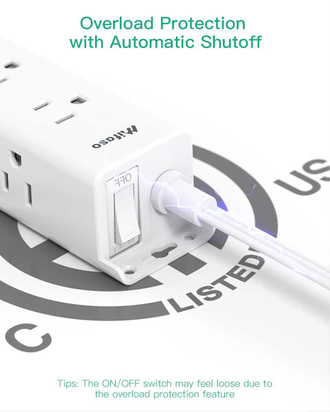 Close-up of Dope 12 Outlet Surge Protector Power Strip With 3 Side Design Wall Mount Flat Plug 5 Foot Cord Widely Spaced Outlets Overload Protection And 900 Joules Surge Protection For Home Office Dorm Room showing the overload protection switch labeled off
