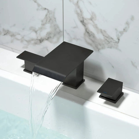 Deck Mount Roman Tub Faucet Set With 3 Hole Mount Dual Handle High Flow Matte Black Waterfall Spout For Soaking Bathtubs