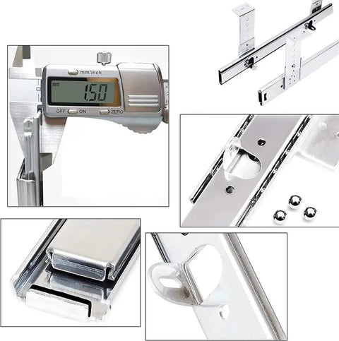 Close-up of telescopic drawer slides for keyboard tray under desk, all metal ball bearing sliding rails, heavy duty 45 kg load, 300mm 12 inch length.