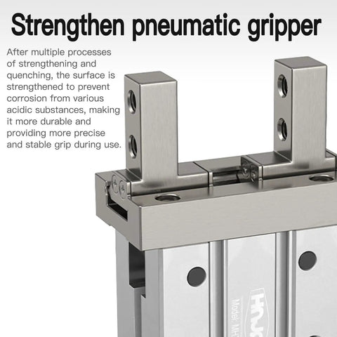 Close-up of Mini Pneumatic Parallel Gripper Claw With Magnetic Hold for automation, showing strengthened metal finish and compact design.