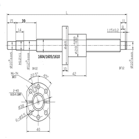 Technical diagram of Anti Backlash SFU1605 Ball Screw 250mm with Ball Nut and BK12 BF12 End Supports for CNC machines