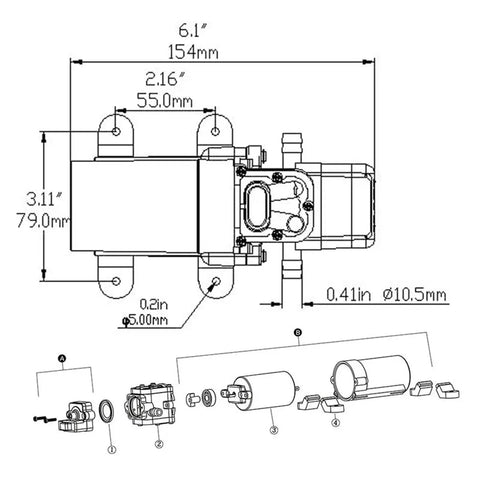 Essential Dc12V Automatic Electric Diaphragm Water Pressure Pump With 40 Psi Max And 3.8Lpm Flow technical diagram showing dimensions and components.