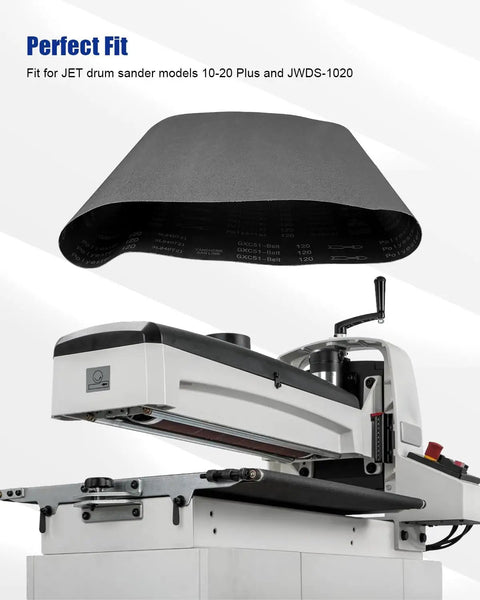 100 Grit Drum Sander Feed Belt 10-1/4 Inch By 32-5/32 Inch Heavy Duty Conveyor Belt Replacement For 10-20 Plus And JWDS-1020 Sanding Machines With Durable Anti Slip Surface And Ready To Install shown with sanding machine.