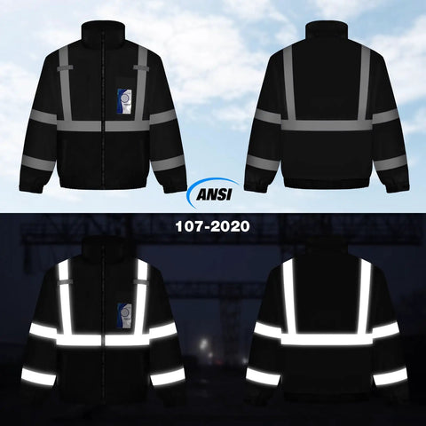 No Nonsense High Visibility Waterproof Jacket With Loud Reflective Strips And Deep Cargo Pockets To Keep You Bone Dry Through Rough Seasons Built From Heavy Duty Storm Shield Fabric For Tradesmen And Weekend Warriors in black with bright reflective stripes.