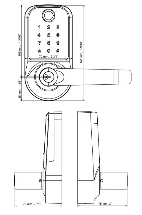 Technical drawing of a 5 In 1 Fingerprint Door Lock With Touchscreen Keypad No Key Needed For Home Office And Airbnb, Satin Nickel Finish.