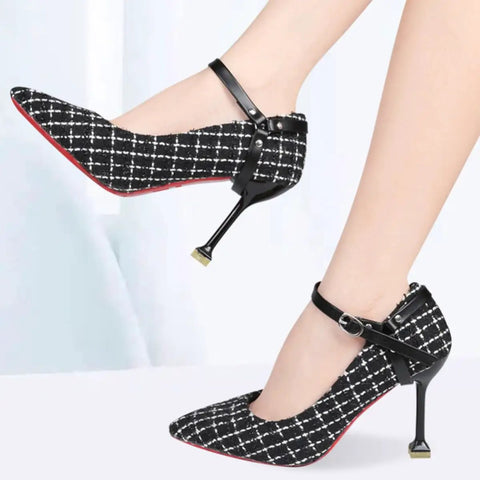 Skip The Blisters And Heel Slide Drama With Adjustable Anti Drop Shoe Straps Premium Pumps Accessories Durable Metal And PU Ankle Bands Lock In A Custom Fit For Women Six Pack Black, black and white checked high heels with adjustable ankle straps.