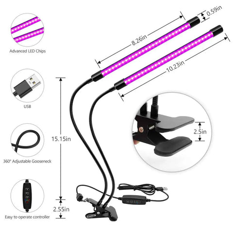 Lit Dual Head LED Black Light 20W UV Fixture With Clamp USB Powered 395 To 405 Nanometers gooseneck lamp with dimensions