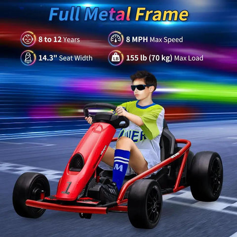 Kid riding a red 12V Kid Friendly Go-Kart With Dual 300W Brushless Motors, Drift-Ready Electric Kart That Hits 8 MPH on a track