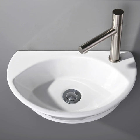 Small Wall Mount Porcelain Sink For Tiny Bathrooms And RVs, 16 Inch Long Corner Floating Basin, showcasing modern faucet installation