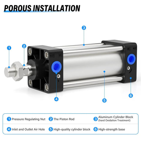 Beefy 4 Inch Bore 6 Inch Stroke Pneumatic Air Cylinder Double Acting Aluminum Body With PT1/2 Port and Adjustable Buffer