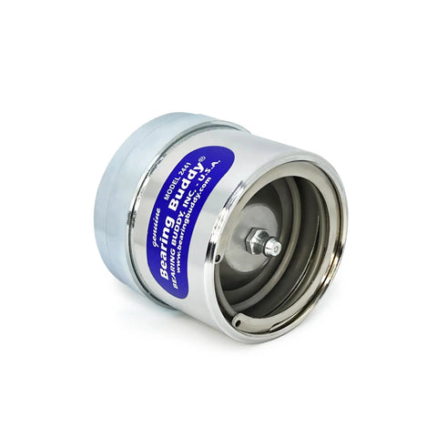 Chrome Plated Wheel Bearing Protectors With Automatic Pressure Relief And Protective Bra For Boats Campers And Utility Trailers Keeps Your Hubs Locktight And Ready For Long Haul Rigs And Weekend Water Trails Model 2441 close-up view showing steel design and pressure relief feature.