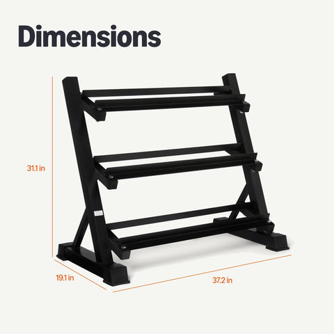 Heavy Duty Three Tier Adjustable Dumbbell Rack Solid Steel Weight Storage Stand dimensions 31.1 in height 19.1 in width 37.2 in depth
