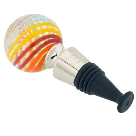 Murano Glass Bottle Stopper With Sunny Stripes, Handmade In Italy, Venetian Murano Craft, 1-1/2 inch diameter, multicolor stripe design