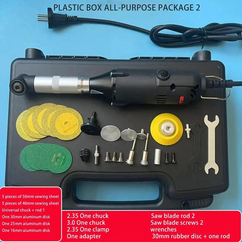 Knockout Compact Angle Grinder With A Solid 90 Degree Elbow Head For Tough Cutting Grinding And Polishing In Tight Squeezes Backed By Reliable Dual Voltage Muscle tools in a plastic box, including discs and attachments.