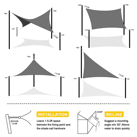 Diagrams showing installation of Waterproof Sun Shade Sail 10x13 Feet Rectangular Dark Grey UV Blocking Canopy For Outdoor Patio Deck And Yard With Curved Edges Shade Cloth Weatherproof Rain Shade Customizable Fit.