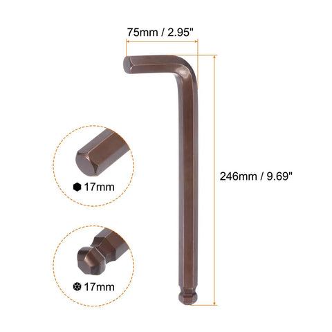 Ball End Hex Key Wrench 17mm Long Arm L Shape S2 Steel Red Pro Grade Must Have Metric Wrench For Home Repair Heavy Duty Tool With Short And Long Arm For Tight Spaces Rust Resistant And Ultra Durable, 17mm size