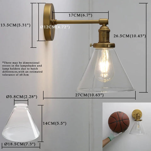 Antique Industrial Wall Sconce 1 Light With Cone Glass Shade Handblown Vintage Lampshade Old School Charm dimensions