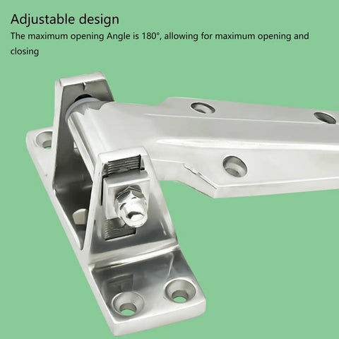 Stainless steel walk-in ready commercial refrigerator hinge with rise technology and 180° opening on green background.