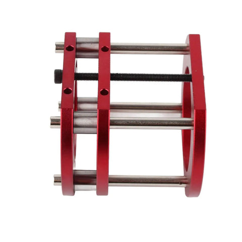 Top Shelf Router Lift Base For Serious Woodworkers Aluminum Alloy Frame in red with smooth crank adjustment and 4 jaw clamp.