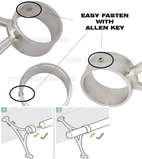 Premium 2 Inch OD 304 Stainless Steel Foot Rail Kit In Satin Gold with installation details for easy fastening with Allen key.