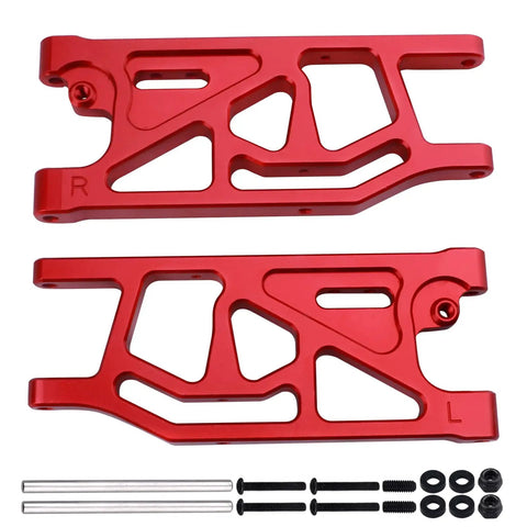 Aluminum Rear Lower Suspension Arms Set For ARRMA Mojave 6S BLX Desert Truck One Seventh Scale Upgrade Red Anodized CNC Machined Replaces ARA330607 featuring two red anodized arms and hardware components.
