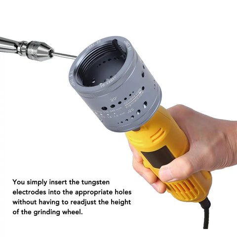 Close-up of hand using Electrode Sharpener Grinder For Welding, 6 Sizes And 8 Angles, durable aluminum alloy tool with needle.