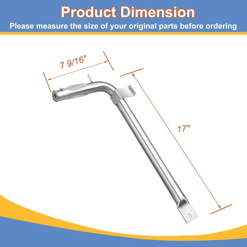 Two Pack Stainless Steel Oven Burner Tubes Gas Replacement For Viking Range 17 Inch Fits EVGIC305 EVGIC365 VGIC305 VGIC367 VGRC605 VGSS480 VGSC300 VGSC305 VGSS300 Right And Left Side Burners shown with dimensions.