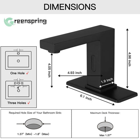 Touchless Bathroom Faucet Matte Black With Motion Sensor Hands Free Sink Faucet For Commercial Or Home Use dimensions