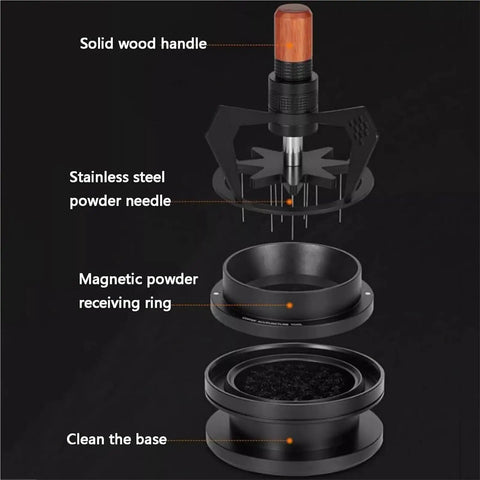 Top Shelf 58Mm Needle Distributor And Wdt Espresso Tool, showcasing solid wood handle and stainless steel needle for coffee preparation.